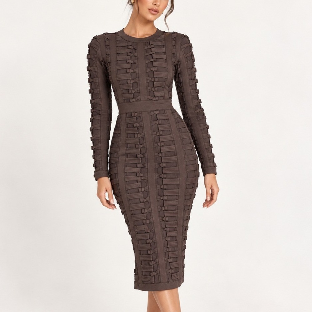 House of CB Lola Bandage Dress Womens S Brown Long Sleeve Mesh Cage NEW